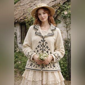 Storybook knits Cream Cardigan with Black Leopard Print size Medium